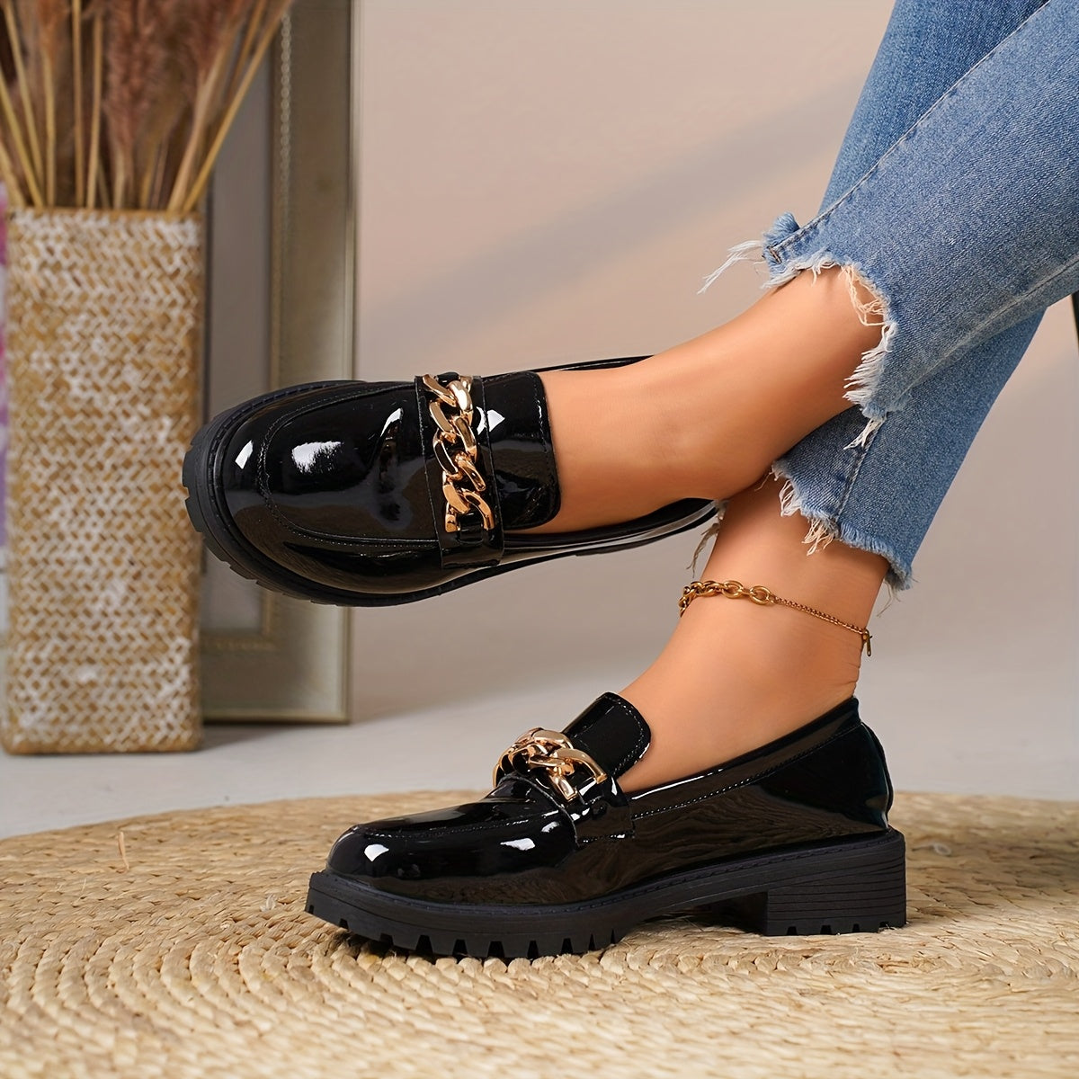 Penny Loafers for Women Chain Detail Slip On Office Shoes for Smart Casual Workwear
