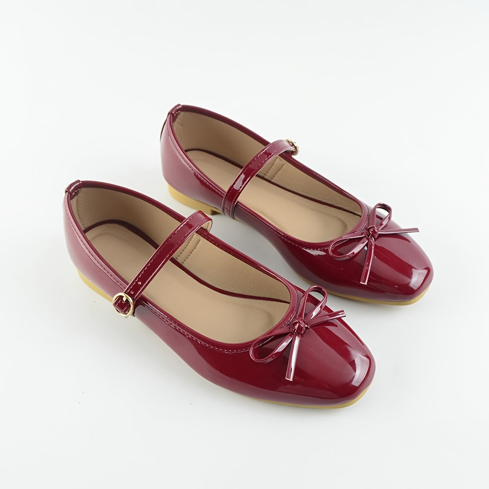 Mary Jane Shoes for Women Wine Red Bow Strap Flat Shoes for Office Daywear Outfits