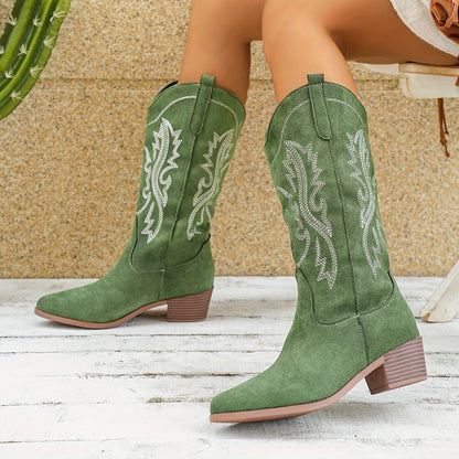 Cowgirl Western Boots for Women – Embroidered Mid-Calf, Pointed Toe and Block Heel
