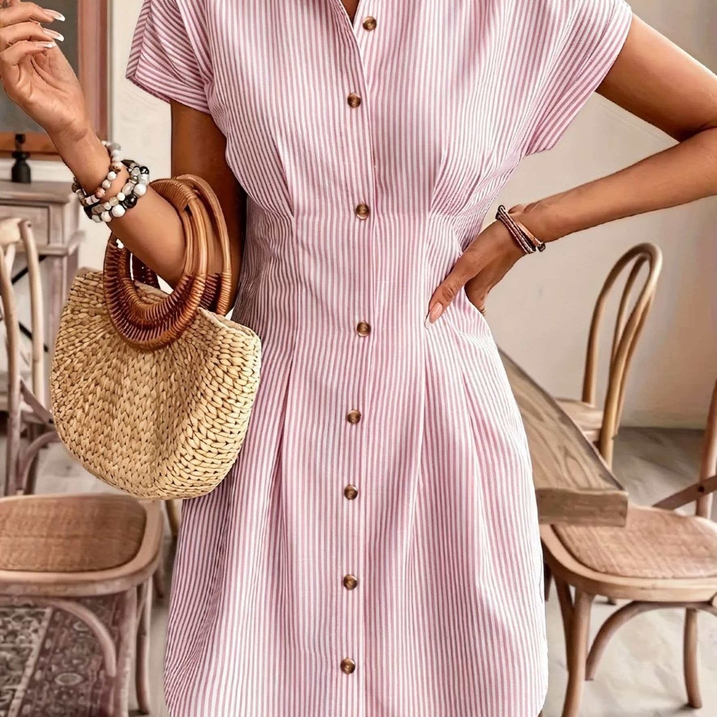 Striped Shirt Dress for Women – Short Sleeve, High Waist, Button Front A-Line