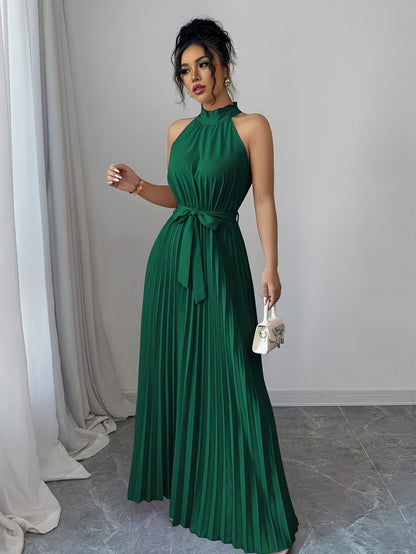 YY0328347, Women's Romantic Elegant A-Line Dress, Sleeveless Pleated Waist-cinching Long Dress
