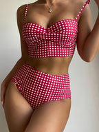 2024 New Bikini Swimsuit Women'S European And American Sexy Red Plaid Split High-Waisted Bikini