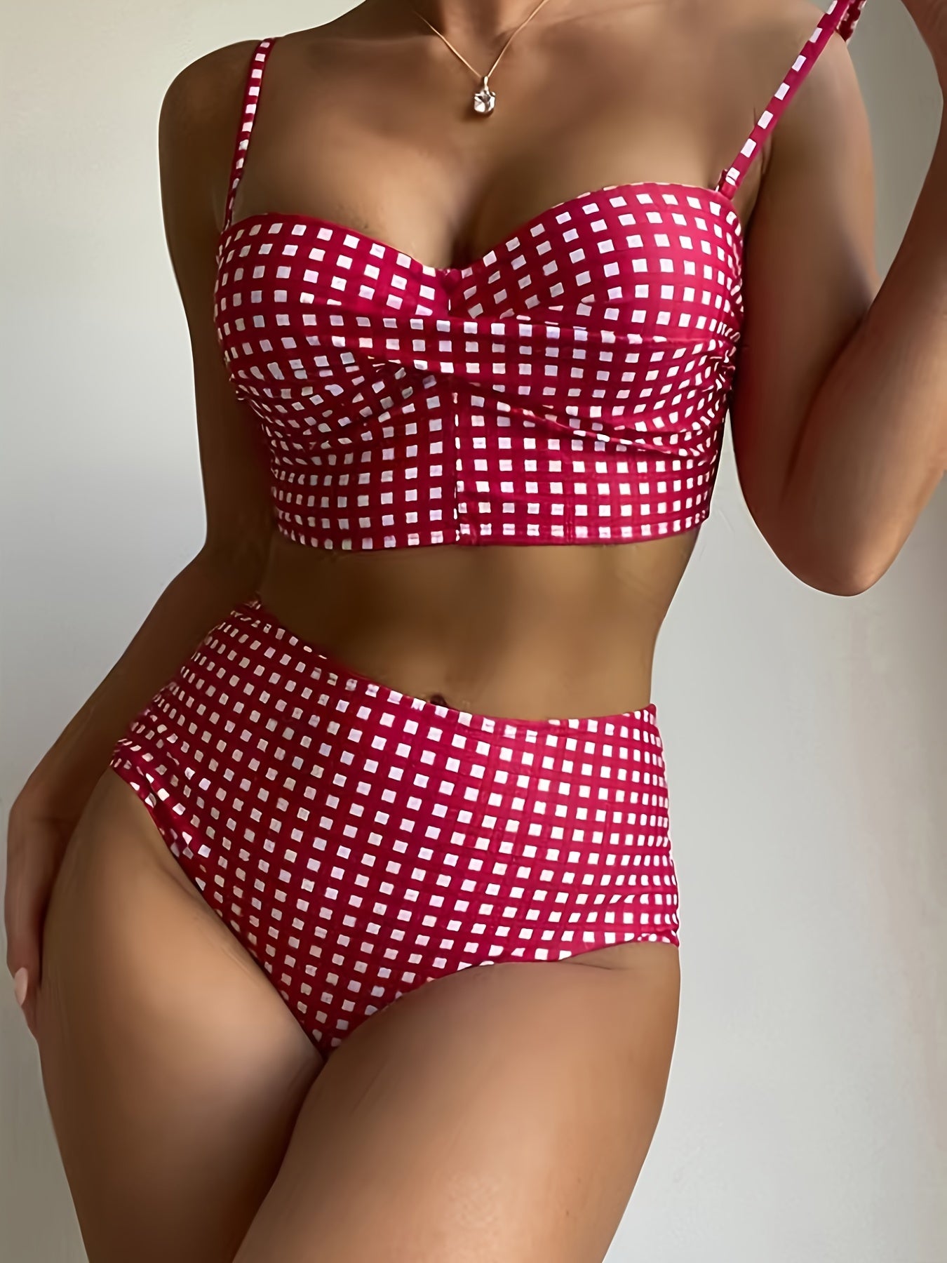 2024 New Bikini Swimsuit Women'S European And American Sexy Red Plaid Split High-Waisted Bikini