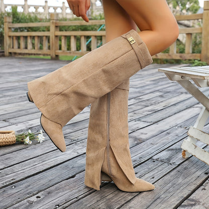 Knee High Boots for Women Pointed Toe Flat Heel Tall Boots for Autumn Winter Outfits