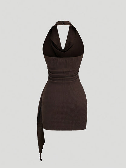 Party Dress for Women Draped Neckline Asymmetric Ruffle Dress with Metal Buckle