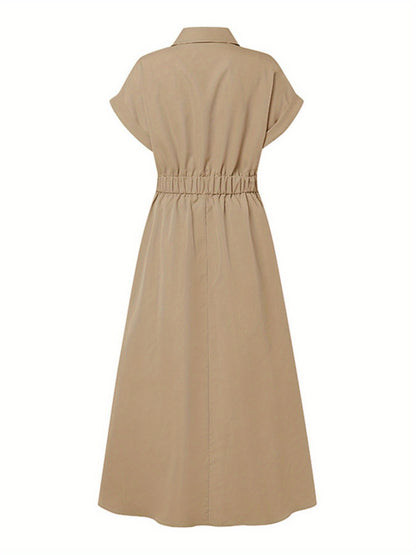 Women'S OL Style Solid Color Lapel Short Sleeve Front Buttons Up Waist Swing Street Style Easy All-Match Lightweight Casual Shirt Dress