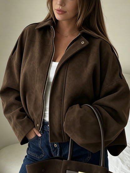 Cropped Jacket for Women Drop Shoulder Zip Jacket with Lapel for Autumn Smart Casual