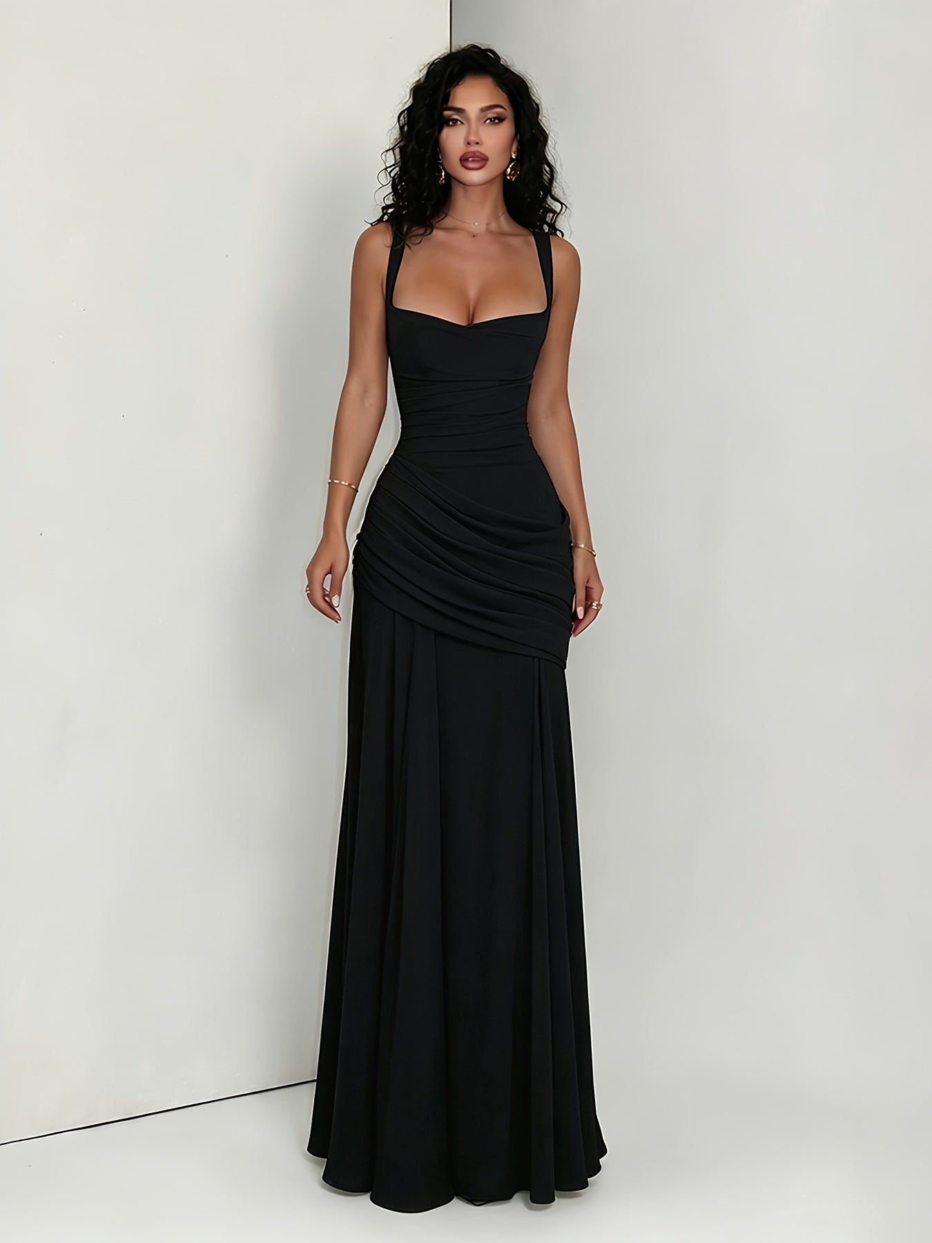 Women's Elegant Solid Color Maxi Dress, Square Neck Cross Back Evening Gown with Ruched Waist, Formal Party Roostertail Dress
