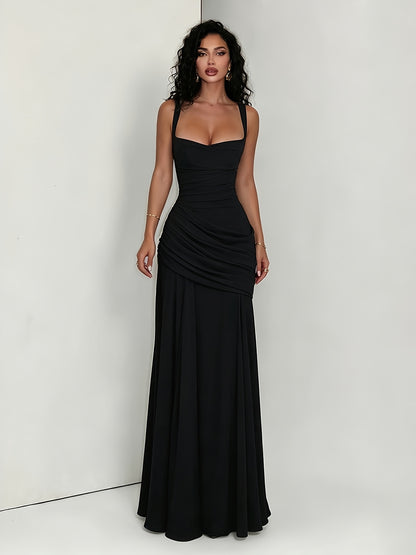 Women's Elegant Solid Color Maxi Dress, Square Neck Cross Back Evening Gown with Ruched Waist, Formal Party Roostertail Dress