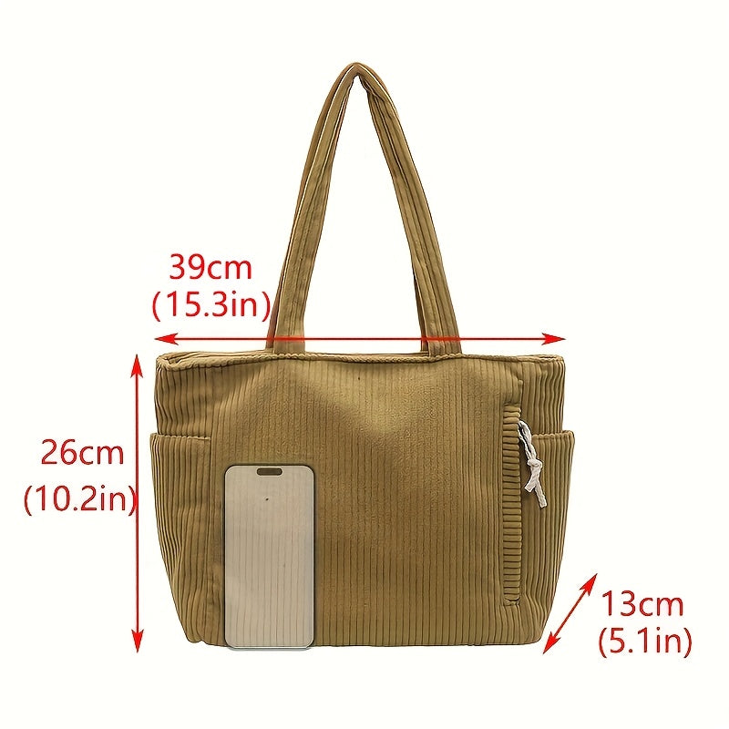 Corduroy Tote Bag for Women Multi Pocket Shoulder Bag for Commute Shopping Travel