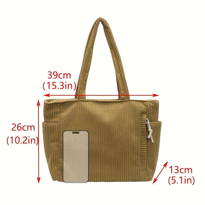 Corduroy Tote Bag for Women Multi Pocket Shoulder Bag for Commute Shopping Travel