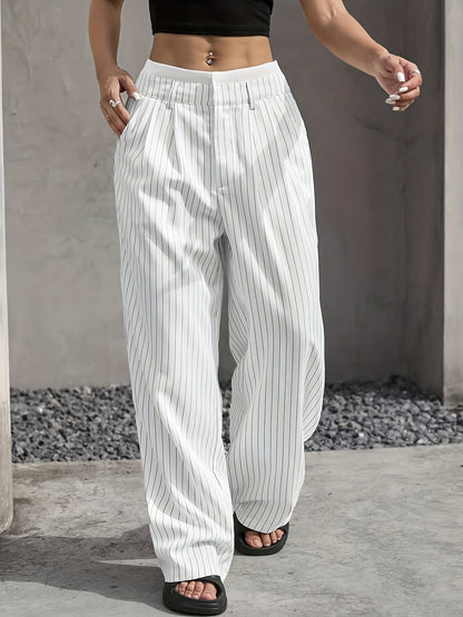 Early Autumn New Striped High-Waist Contrast Button-Closure Wide-Leg Suit Women'S Long Trousers