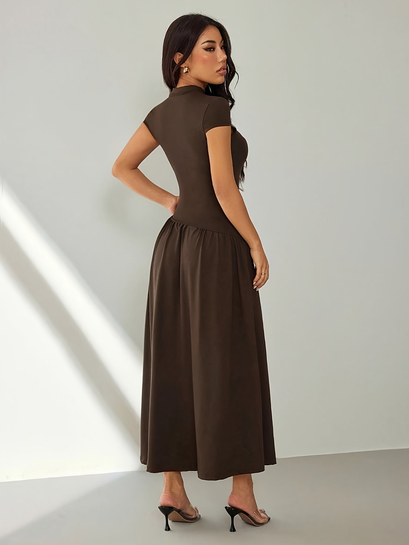 Midi Dress for Women Puff Sleeve Pleated Long Dress for Day Events Smart Casual Summer