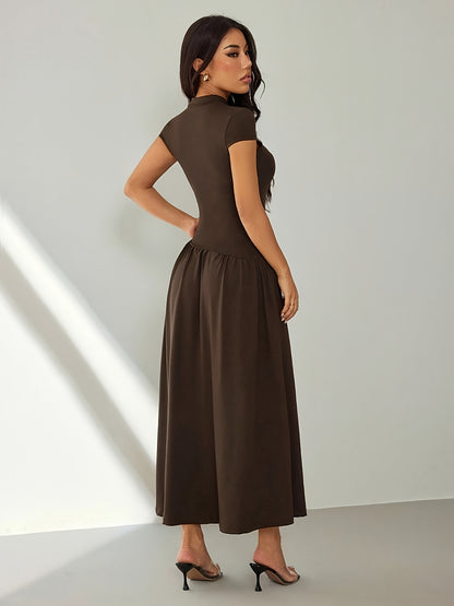Midi Dress for Women Puff Sleeve Pleated Long Dress for Day Events Smart Casual Summer