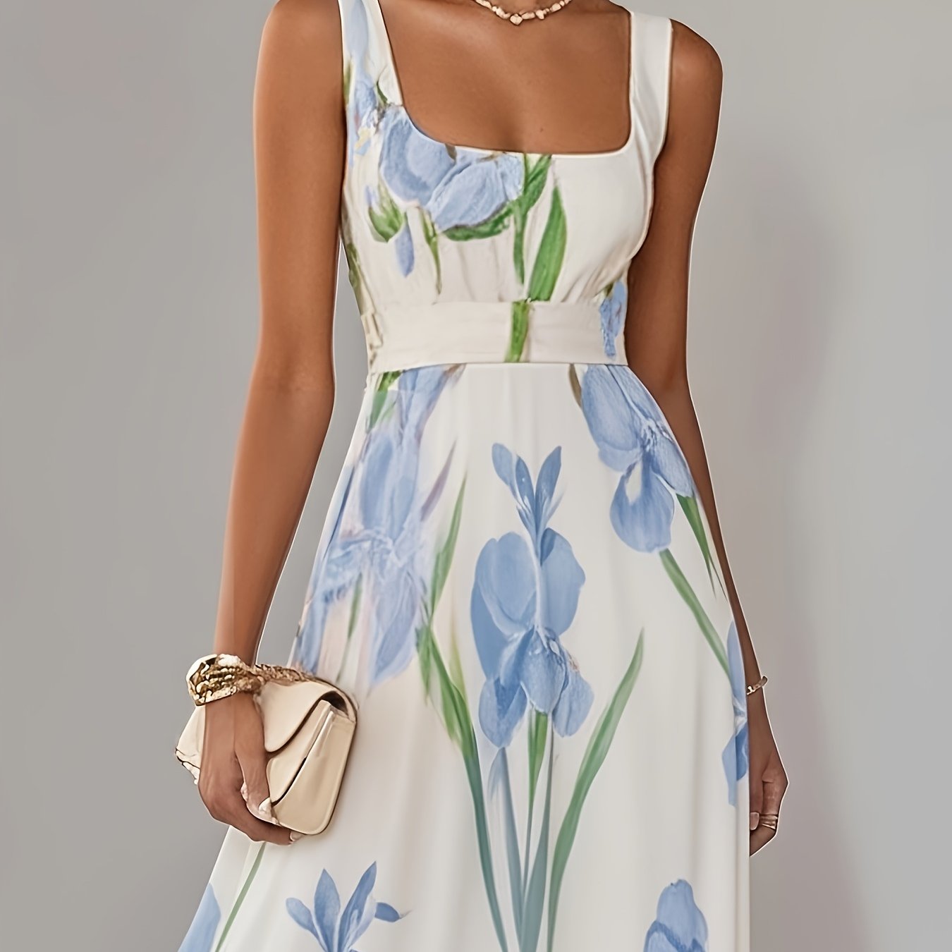 Elegant Women's Floral Print Square Neck A-Line Loose Fit Midi Dress, Suitable for Outings in Spring and Summer, Exquisite