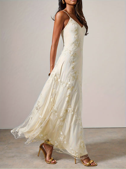 Maxi Slip Dress, Mesh Embroidered, Rehearsal Dinner Dress Wedding Guest Dress, Summer Fall
