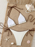 [White Crochet Bikini 2pcs] Women's Simple and Elegant White Textured Fabric Shell-style Crochet Bikini Swimsuit Without Underwire, with Ties, 2pcs Set, Suitable for Spring and Summer Seasons. Ideal for Beach and Vacation Wear