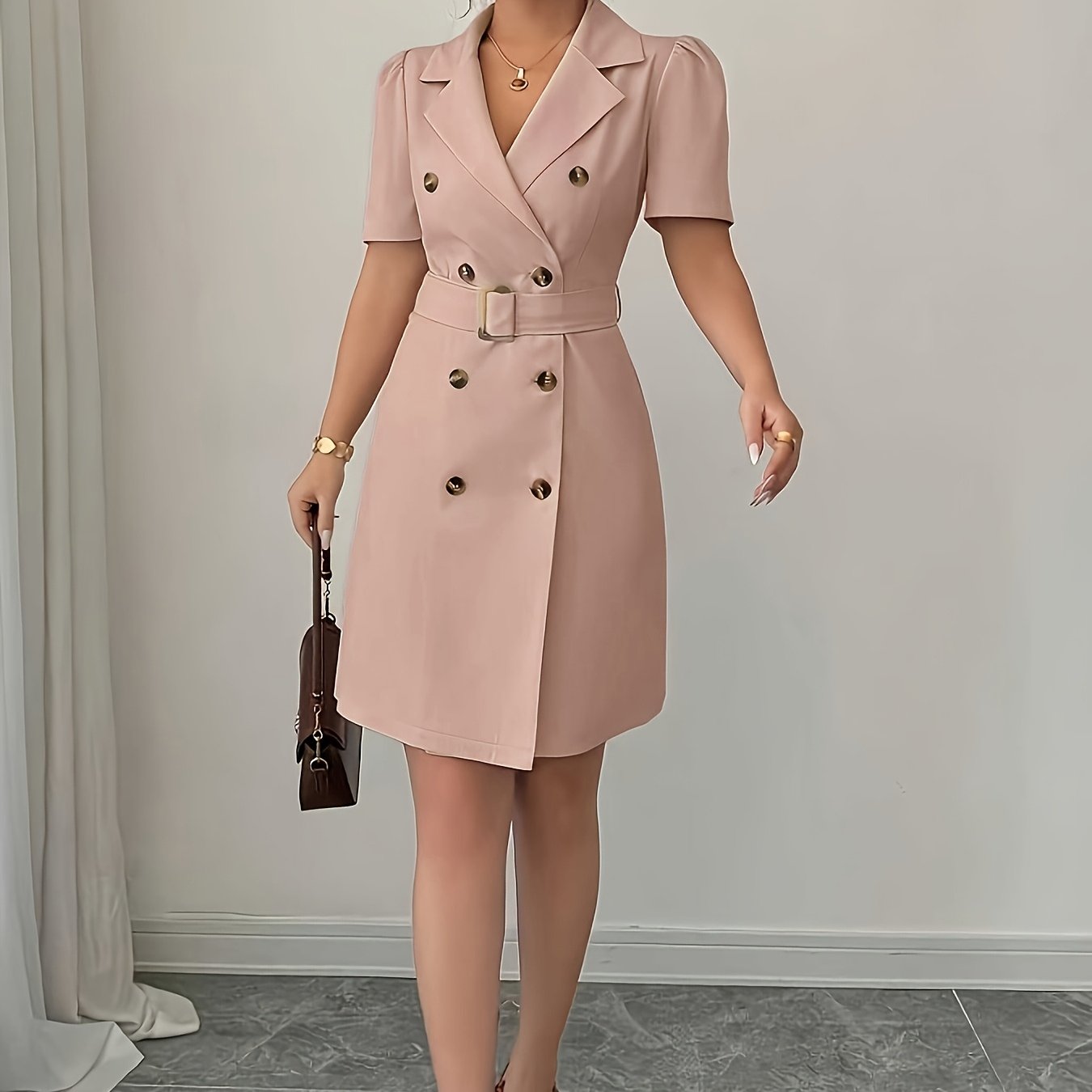 Suit Jacket with Belt at The Waist And Double-Breasted Breeze Sleeve Dress