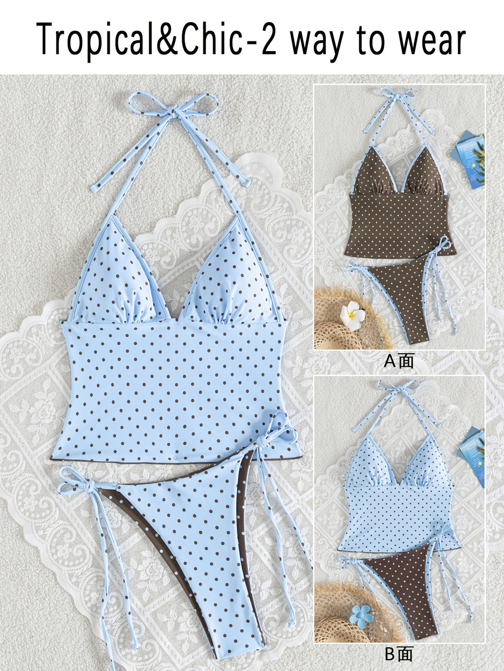 Women's Polka Dot Print Halter Neck Tankini Swimsuit Set, Bohemian Style Backless Knotted Tube Top Halter Bikini, Women's Polka Dot High-Stretch Reversible Design, Free Color Block Mix & Match, Beach Bikini