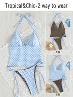 Women's Polka Dot Print Halter Neck Tankini Swimsuit Set, Bohemian Style Backless Knotted Tube Top Halter Bikini, Women's Polka Dot High-Stretch Reversible Design, Free Color Block Mix & Match, Beach Bikini