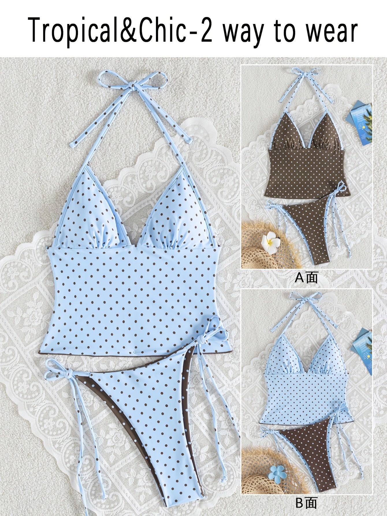 Women's Polka Dot Print Halter Neck Tankini Swimsuit Set, Bohemian Style Backless Knotted Tube Top Halter Bikini, Women's Polka Dot High-Stretch Reversible Design, Free Color Block Mix & Match, Beach Bikini