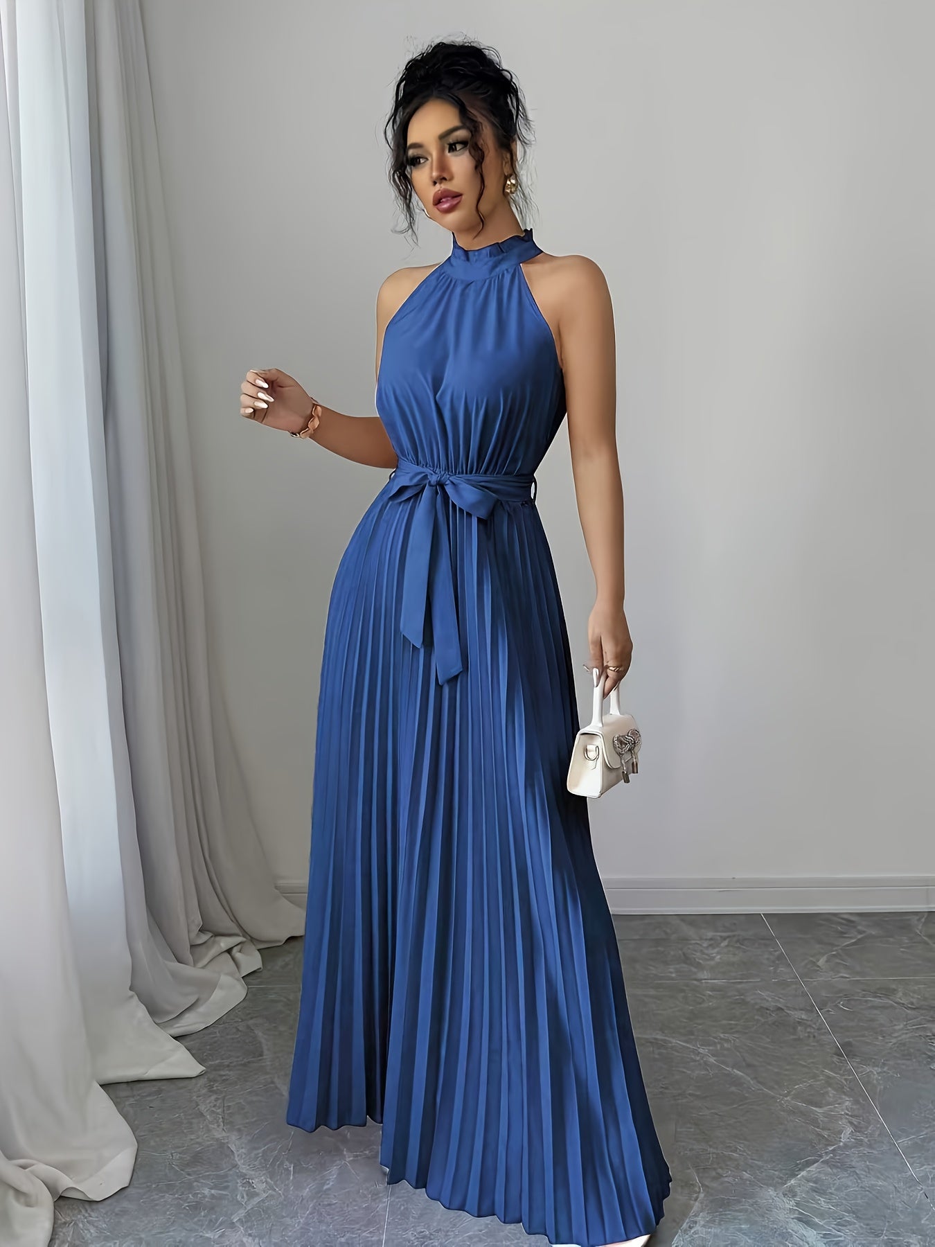 YY0328347, Women's Romantic Elegant A-Line Dress, Sleeveless Pleated Waist-cinching Long Dress