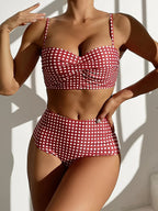 2024 New Bikini Swimsuit Women'S European And American Sexy Red Plaid Split High-Waisted Bikini