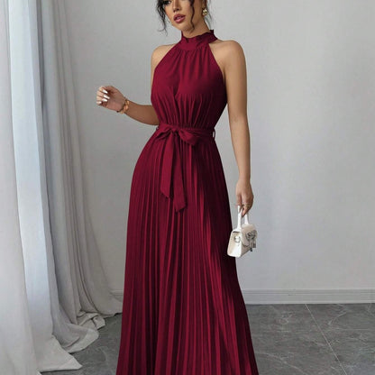 YY0328347, Women's Romantic Elegant A-Line Dress, Sleeveless Pleated Waist-cinching Long Dress