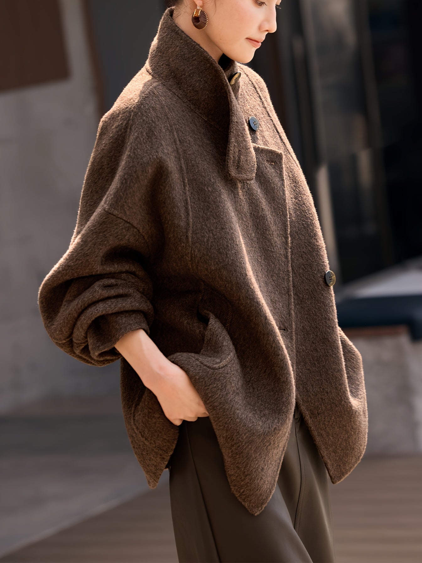 Wool Coat for Women Double Faced Raglan Sleeve Mid Coat for Work Travel Autumn Winter