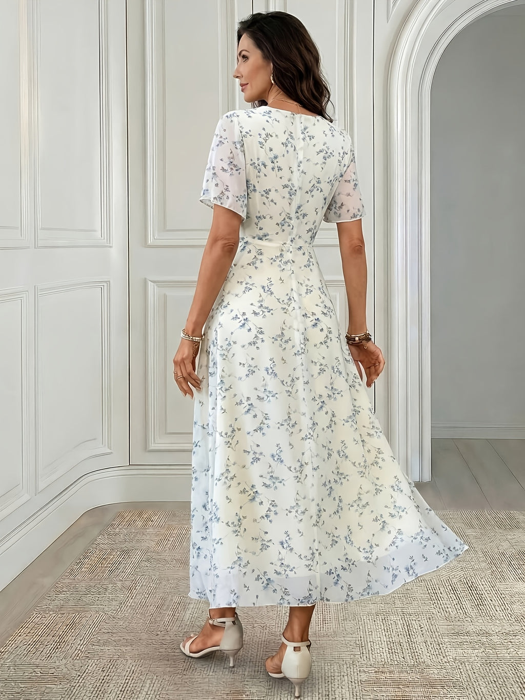 Women's Elegant Mini Floral Round Neck Short Sleeve Midi Dress, Summer Women's Clothing, Birthday Dress