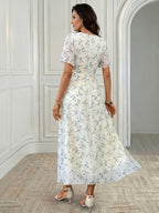 Women's Elegant Mini Floral Round Neck Short Sleeve Midi Dress, Summer Women's Clothing, Birthday Dress