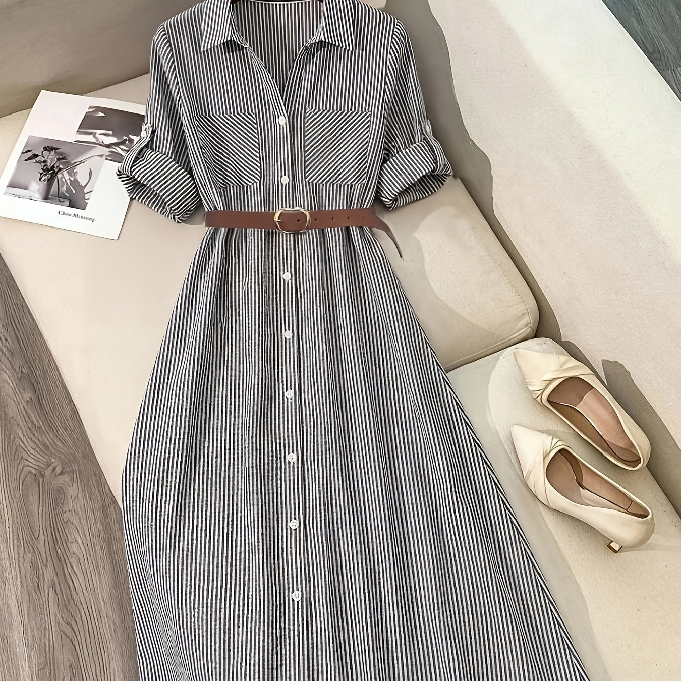 [Elegant Shirt Dress] Elegant Casual Women's Long Shirt Dress | Striped Long-Sleeve Single-Breasted Button Pocket with Belt