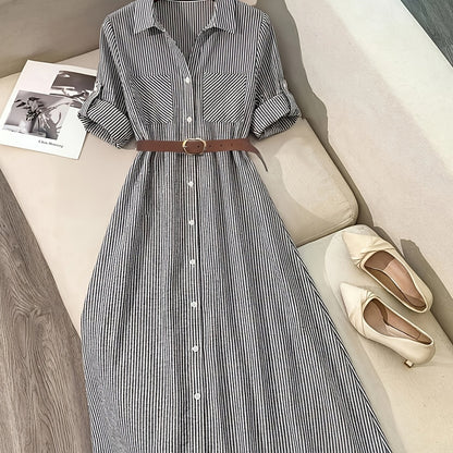 [Elegant Shirt Dress] Elegant Casual Women's Long Shirt Dress | Striped Long-Sleeve Single-Breasted Button Pocket with Belt