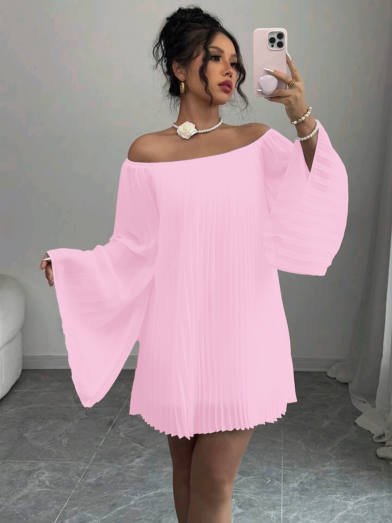 Women'S Elegant Off-Shoulder Ruched Long Sleeve Chiffon Dress