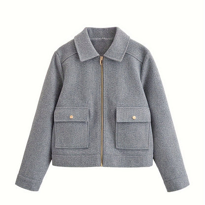 Short Coat for Women Zip Front Jacket with Pockets for Autumn Winter Everyday