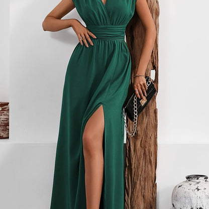 Elegant V-Neck -Line Maxi Dress Suitable for Weddings, Parties & Daily Wear - Machine Washable Solid Color Dress with V-Neck Collar, Flattering Fit for Events & Casual Occasions (Year-Round Wear)