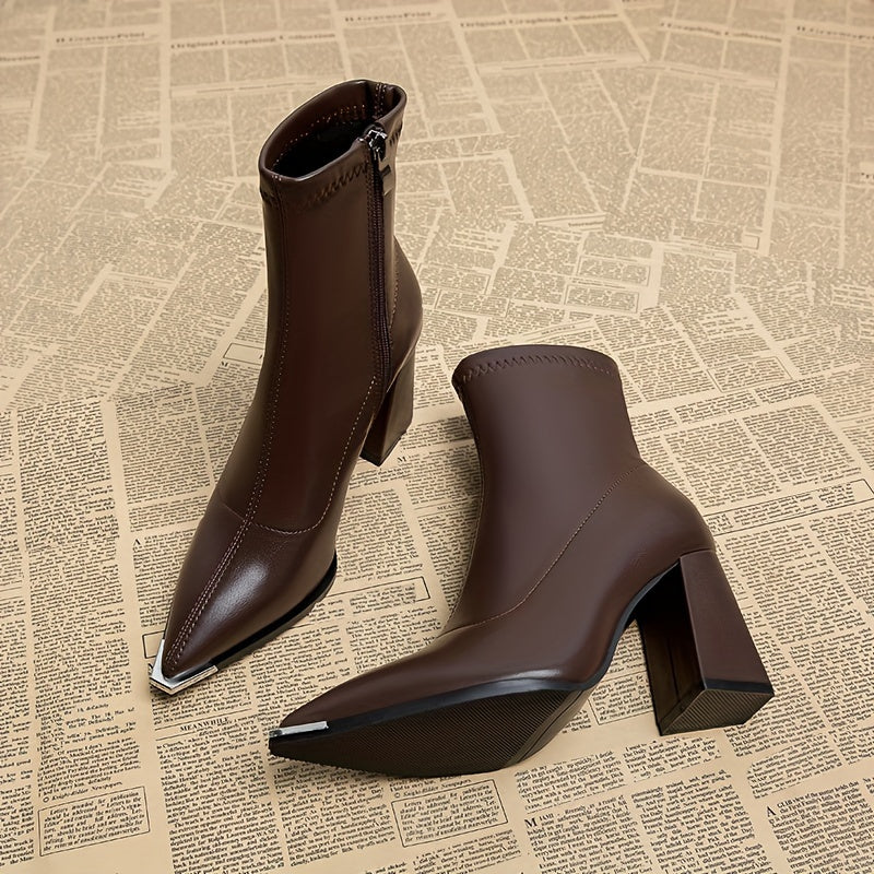 Ankle Boots for Women Pointed Toe Chunky Heel Side Zip Boots for Work Evening