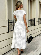 New Summer Women's White Polka Dot Short Sleeve Round Neck Midi Dress