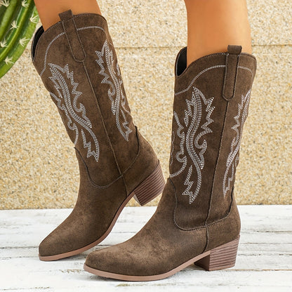 Cowgirl Western Boots for Women – Embroidered Mid-Calf, Pointed Toe and Block Heel