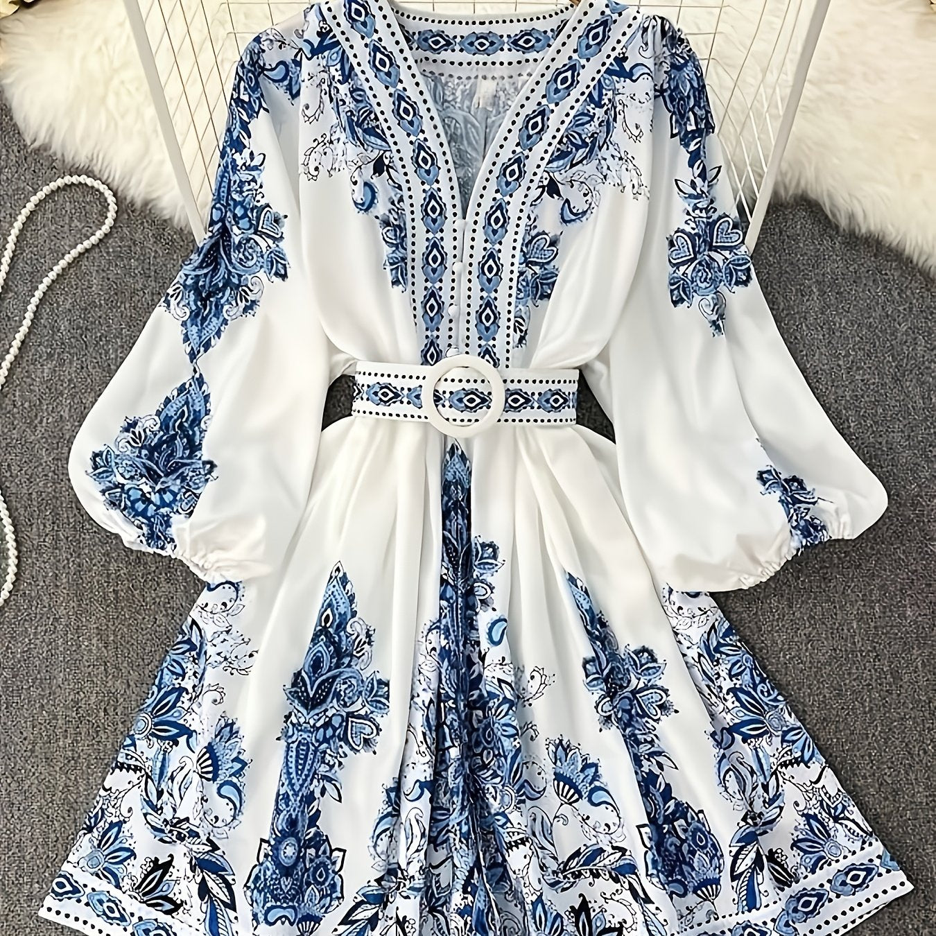 Women's Vintage Palace-Inspired Floral Print A-Line Dress with Lantern Sleeves & Adjustable Waist Tie - V-Neck Long Sleeve Loose Fit Maxi Dress for Spring/Fall, Machine Washable, Cute Dresses