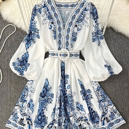 Women's Vintage Palace-Inspired Floral Print A-Line Dress with Lantern Sleeves & Adjustable Waist Tie - V-Neck Long Sleeve Loose Fit Maxi Dress for Spring/Fall, Machine Washable, Cute Dresses