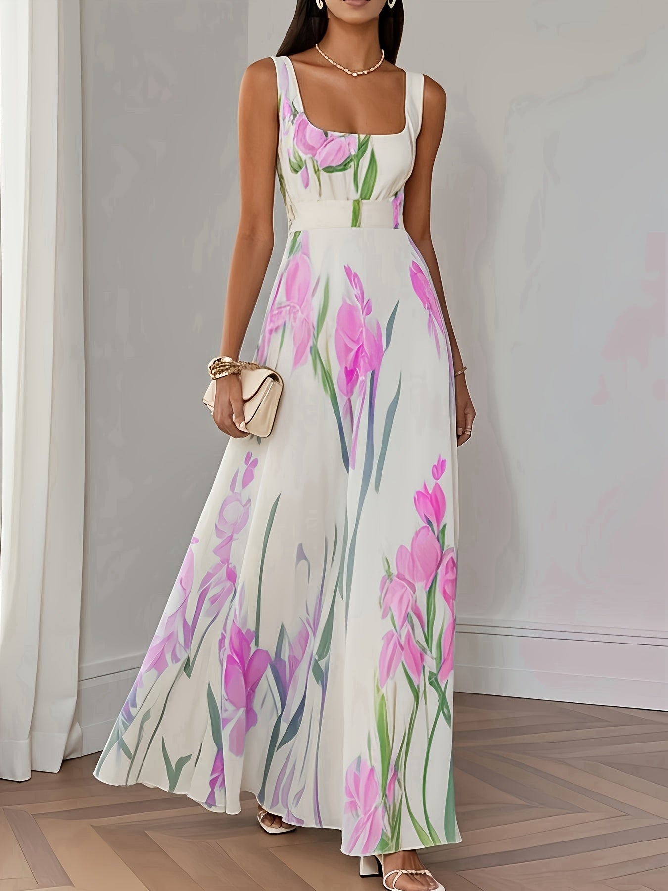 Elegant Women's Floral Print Square Neck A-Line Loose Fit Midi Dress, Suitable for Outings in Spring and Summer, Exquisite
