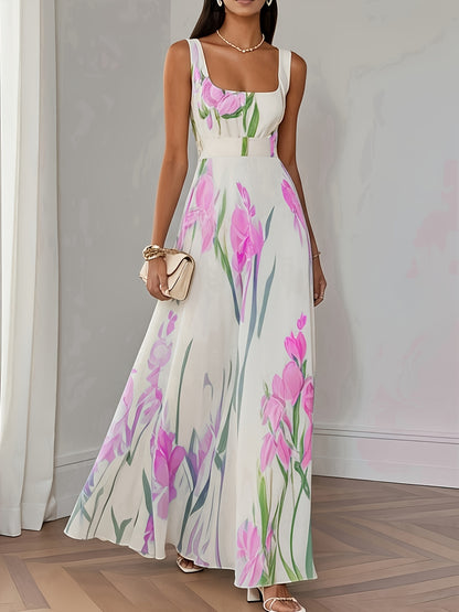 Elegant Women's Floral Print Square Neck A-Line Loose Fit Midi Dress, Suitable for Outings in Spring and Summer, Exquisite