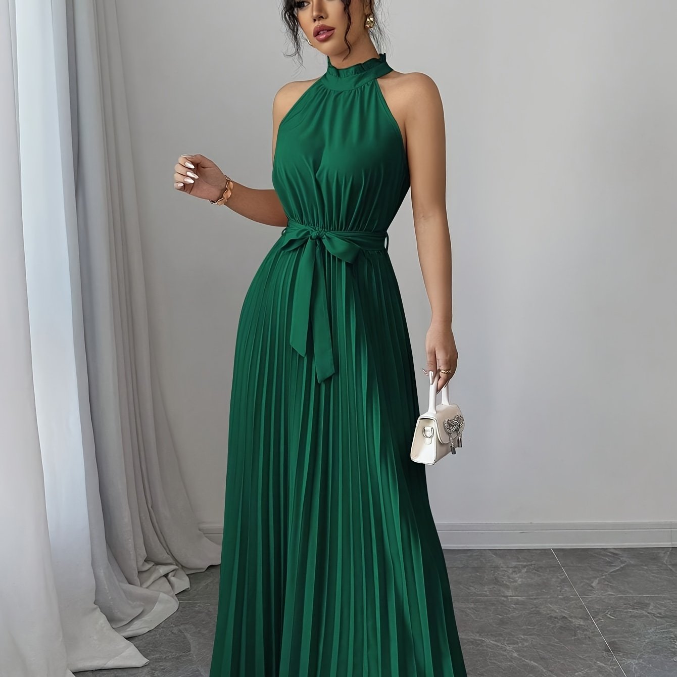 YY0328347, Women's Romantic Elegant A-Line Dress, Sleeveless Pleated Waist-cinching Long Dress
