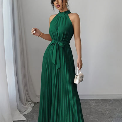 YY0328347, Women's Romantic Elegant A-Line Dress, Sleeveless Pleated Waist-cinching Long Dress