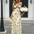 Floral Suspender Dress Summer Lace Stitching V-Neck Long Dress Slim Waist And Temperament Daily Casual Vacation Dating