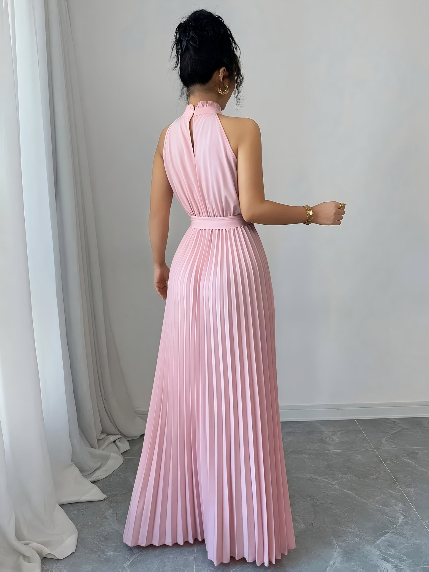 YY0328347, Women's Romantic Elegant A-Line Dress, Sleeveless Pleated Waist-cinching Long Dress