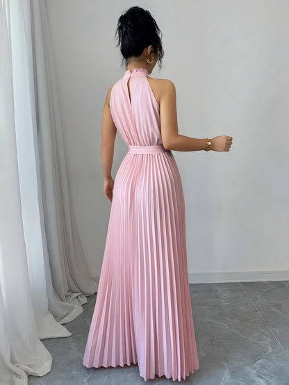 YY0328347, Women's Romantic Elegant A-Line Dress, Sleeveless Pleated Waist-cinching Long Dress