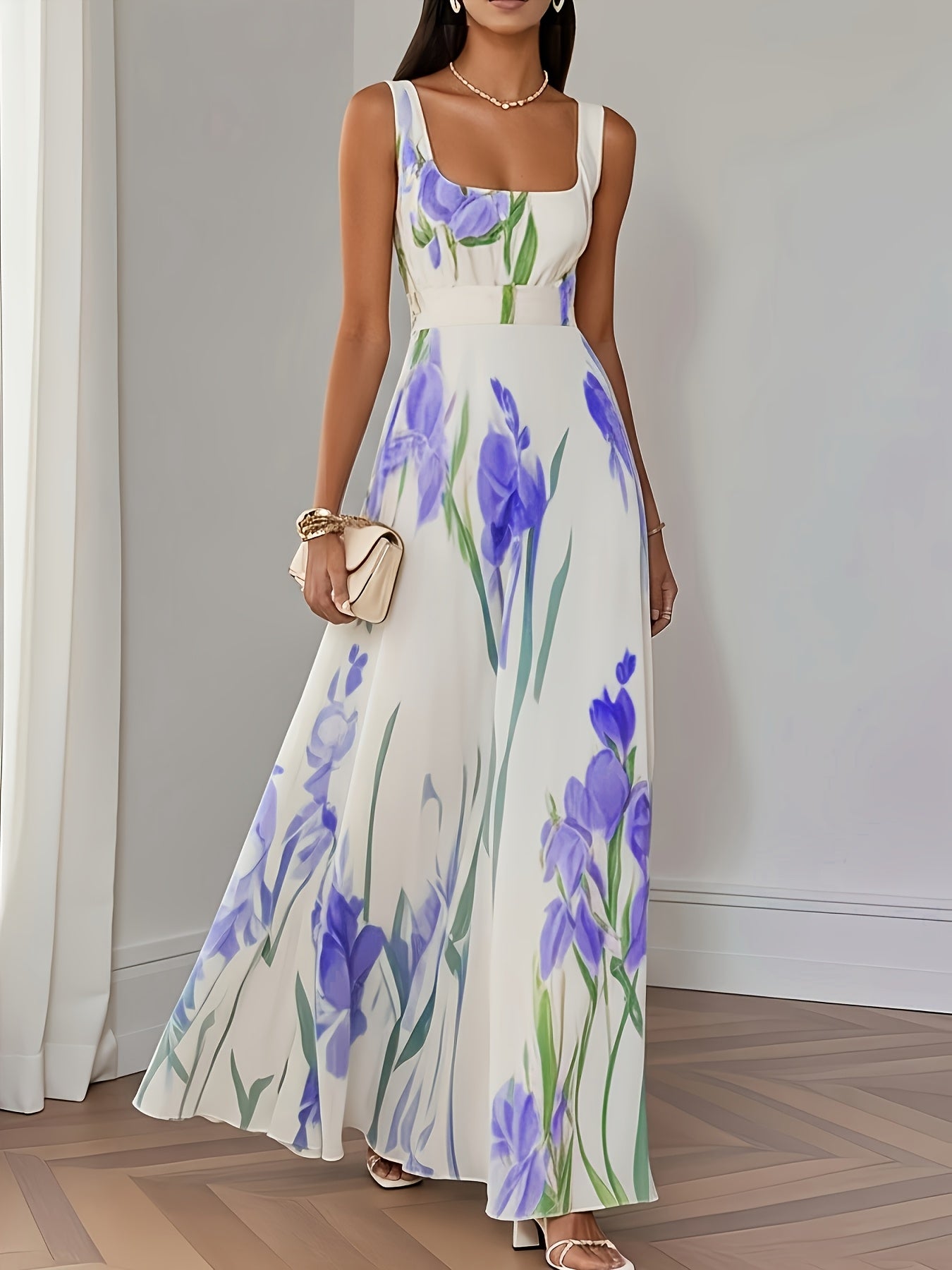 Elegant Women's Floral Print Square Neck A-Line Loose Fit Midi Dress, Suitable for Outings in Spring and Summer, Exquisite