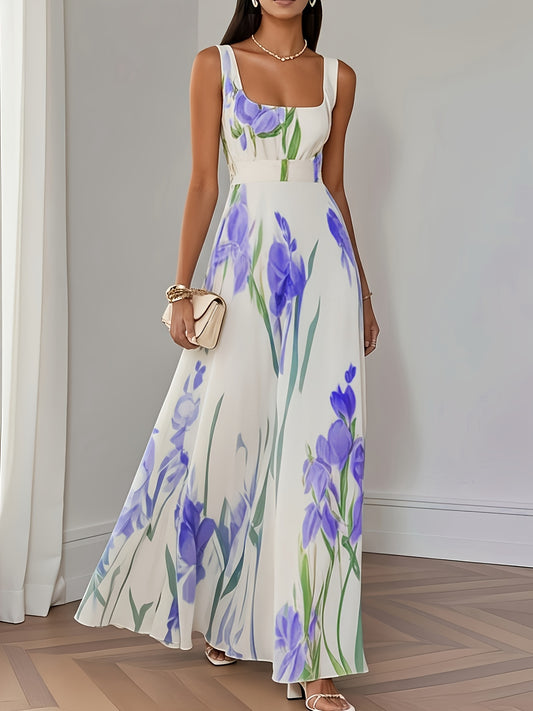 Floral Summer Maxi Dress for Women – Square Neck, Sleeveless A-Line Fit and Zipper Closure